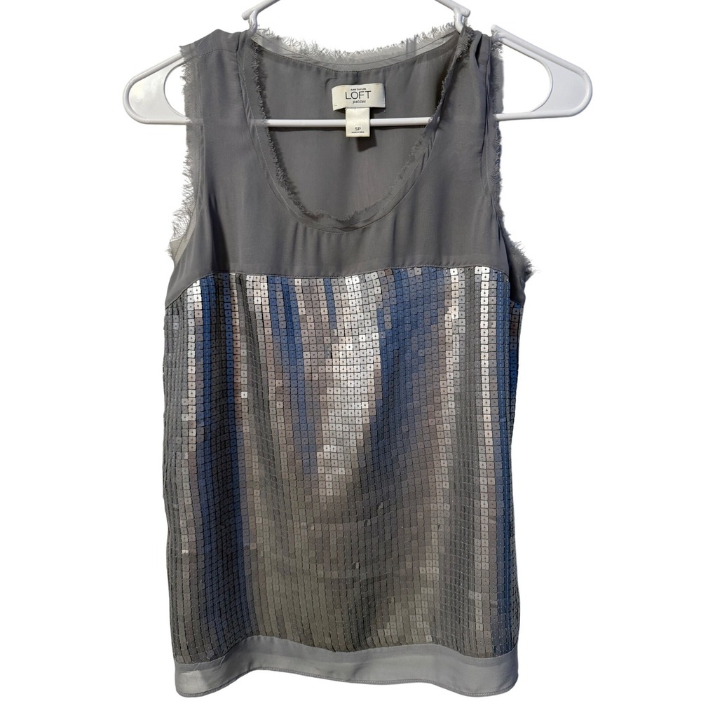 Ann Taylor Loft Sequin Tank Top‎ Womens Gray Fringed Chiffon